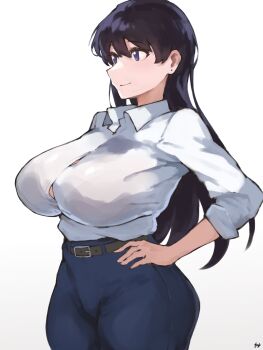 1girl arato_nagi belt belt_buckle black_bra black_hair blue_eyes blue_pants bra bra_visible_through_clothes breasts brown_belt buckle bursting_breasts button_gap closed_mouth collared_shirt commentary_request cowboy_shot curvy denim dress_shirt ear_piercing fukuya_art gradient_background hand_on_own_hip highres huge_breasts jeans large_breasts long_hair long_sleeves looking_ahead pants piercing revision ruri_no_houseki see-through_clothes shirt simple_background sleeves_rolled_up smile solo standing underwear white_background white_shirt