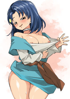 Rule 34 | 1girl, blue dress, blue hair, blush, breasts, choker, clothes pull, collarbone, dragon quest, dragon quest vi, dress, grey eyes, hair ornament, hairclip, large breasts, long sleeves, looking at viewer, muramasa mikado, nipples, open mouth, shirt, shirt pull, short hair, sleeveless, sleeveless dress, smile, square enix, standing, sweat, tania (dq6), thick thighs, thighs, white background, white shirt