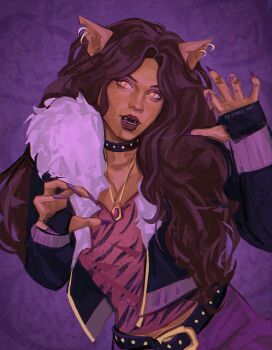 1girl animal_ear_piercing animal_ears belt black_jacket brown_hair character_request check_character choker claw_pose clawdeen_wolf fangs fur_collar hands_up head_tilt highres jacket jewelry long_hair looking_at_viewer monster_high necklace parted_lips pink_shirt shirt skyfree_art solo very_long_hair wavy_hair wolf_ears wolf_girl yellow_eyes