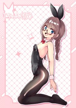1girl animal_ear_hairband animal_ears black_leotard black_pantyhose blue_eyes bow bowtie braid breasts brown_hair commentary_request detached_collar fake_animal_ears full_body glasses grid_background hairband highres kneeling leaning_back leotard long_hair looking_at_viewer low_twin_braids low_twintails milkmochi original pantyhose playboy_bunny rabbit_ears rabbit_tail red_bow red_bowtie small_breasts smile solo strapless strapless_leotard tail twin_braids twintails wrist_cuffs