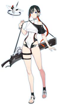 1girl bird_hair_ornament black_hair bracelet clothing_cutout colored_inner_hair crop_top familiar fate/grand_order fate_(series) full_body game_cg hair_ornament halterneck highres jeunesse_crane_(fate) jeunesse_crane_(first_ascension)_(fate) jewelry long_hair looking_at_viewer low_ponytail miss_crane_(fate) multicolored_hair official_art one-piece_swimsuit origami outline paper_crane ponytail pouch purple_eyes red_hair sandals second-party_source shaka_p shirt shoes smile solo standing standing_on_one_leg swimsuit tachi-e thigh_pouch thigh_strap transparent_background two-tone_hair weapon white_one-piece_swimsuit white_outline white_shirt white_shoes