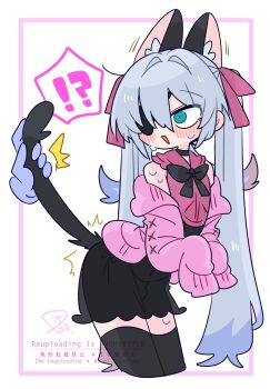 !? 1boy animal_ear_fluff animal_ears bare_shoulders black_bow black_bowtie black_choker black_corset black_skirt black_tail black_thighhighs blue_eyes blue_hair blush bow bowtie bulge cardigan cat_boy cat_ears cat_tail choker collar collared_shirt colored_tips commentary corset cowboy_shot crossdressing crossdressing_(mtf) disembodied_hand extra_ears eyepatch flipped_hair frilled_collar frills from_side grabbing_another's_tail hair_between_eyes hair_bow hair_intakes highres leaning_forward long_hair long_sleeves looking_back male_focus multicolored_hair no_nose off_shoulder one_eye_covered op_na_yarou open_cardigan open_clothes open_mouth original panties pink_bow pink_cardigan pink_shirt quad_tails red_hair rigel_(op_na_yarou) see-through_clothes see-through_skirt shirt side-tie_panties sidelocks simple_background skirt sleeveless sleeveless_shirt sleeves_past_fingers sleeves_past_wrists solo standing straight_hair surprised sweat tail thighhighs thighs trap underwear very_long_hair watermark white_background white_hair wide-eyed