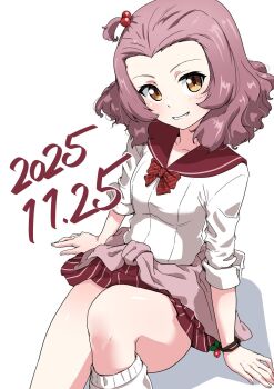 Rule 34 | 1girl, blush, bow, bowtie, breasts, buchikaki, commentary request, dated, girls und panzer, highres, looking at viewer, miniskirt, orange eyes, red hair, rosehip (girls und panzer), school uniform, short hair, simple background, skirt, small breasts, smile, solo, white background