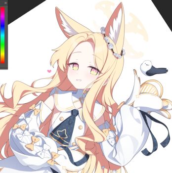 1girl animal_ear_fluff animal_ears bird blonde_hair blue_archive detached_sleeves dong_ji dress flower fox_ears halo heart long_hair long_sleeves looking_at_viewer necktie seia_(blue_archive) sleeves_past_fingers sleeves_past_wrists smile solo white_bird white_dress white_sleeves yellow_eyes yellow_halo
