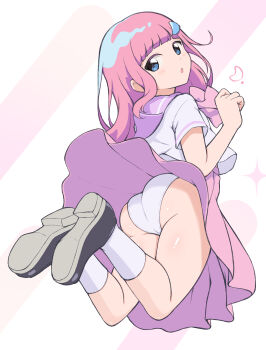 1girl absurdres ass blue_eyes blush bow bowtie commentary_request crescent crescent_hair_ornament from_behind grey_shoes hair_ornament hand_up heart highres jumping loli long_hair looking_at_viewer looking_back mahou_no_shimai_lulutto_lilly nonoyama_rui open_mouth panties parted_lips pink_bow pink_bowtie pink_hair pink_skirt pleated_skirt purple_sailor_collar sailor_collar school_uniform serafuku shirt shoe_soles shoes short_sleeves skirt socks solo star_(sky) temari_rin underwear white_background white_panties white_shirt white_socks wind wind_lift