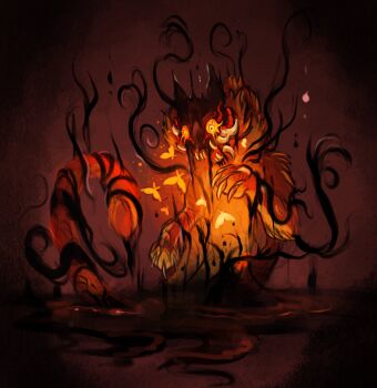 animal_focus bug carnomiu claws colored_sclera constricted_pupils dream_tiger_(govy9807) glowing highres insect liquid monster monster_focus moth no_humans open_mouth orange_sclera original sharp_teeth solo tail teeth tiger tusks yellow_eyes