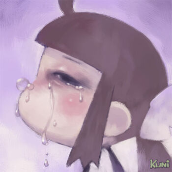 1girl ahoge allergy archived_source artist_name black_dress black_eyes blunt_bangs blush bow brown_hair chibi chibi_only close-up commentary crying dated_commentary dress english_commentary hair_bow half-closed_eyes hay_fever long_sidelocks low_twintails lowres no_lineart no_nose nose_bubble original profile purple_background ruby-ko runny_nose sidelocks simple_background snot solo streaming_tears tanaka_kunihiko tears twintails white_bow white_sleeves