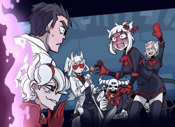 Rule 34 | 2boys, 4girls, apple pie, azazel (helltaker), beelzebub (helltaker), black hair, blush, demon girl, demon horns, demon tail, embarrassed, helltaker, helltaker (character), highres, horns, justice (helltaker), kimleon, loremaster (helltaker), lucifer (helltaker), mole, mole under eye, multiple boys, multiple girls, nervous sweating, pie, portal (object), smile, smug, spoilers, subject 67 (helltaker), surprised, sweat, sweatdrop, tail, thighhighs, white hair