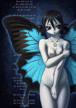 1girl absurdres breasts brown_eyes brown_hair bug butterfly butterfly_wings closed_mouth covering_privates english_text expressionless fairy fairy_wings highres insect insect_wings navel nipples nude original poem shy solo standing vlad_uazik wings