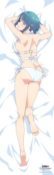 1girl absurdres anime_coloring ass back barefoot bikini blue_eyes blue_hair breasts copyright_name copyright_notice dakimakura_(medium) full_body hair_ornament highres looking_at_viewer lying medium_breasts minamo_shio official_art on_stomach osananajimi_to_wa_lovecome_ni_naranai parted_lips short_hair sideboob solo swimsuit white_background white_bikini
