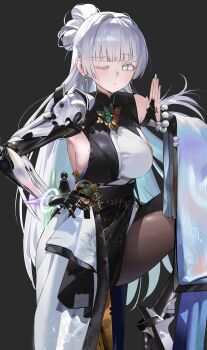 1boy 1girl absurdres breasts bright_pupils brown_pantyhose colored_eyelashes commentary english_commentary goddess_of_victory:_nikke grey_background grey_hair hand_on_own_hip highres long_hair mechanical_arms mechanical_hands mole mole_on_breast monk nayuta_(nikke) one_eye_closed pantyhose seueo sideboob simple_background single_mechanical_arm single_mechanical_hand split-color_clothes thick_eyelashes unusually_open_eyes white_eyelashes