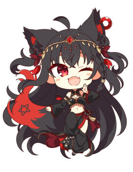 1girl 7:08 absurdres ahoge animal_ear_fluff animal_ears arabian_clothes black_hair blush braid breasts commentary_request dancer detached_sleeves earrings extra_ears fang fox_ears fox_girl fox_tail hair_between_eyes highres hololive jewelry kurokami_fubuki leg_up long_hair looking_at_viewer medium_breasts multicolored_hair navel one_eye_closed open_mouth pentagram red_eyes red_hair sidelocks simple_background single_braid skin_fang solo streaked_hair tail virtual_youtuber white_background