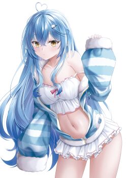 1girl absurdres ahoge aqua_jacket blue_hair blush breasts camisole cleavage collarbone commentary_request elf fluffy_clothes fur-trimmed_jacket fur-trimmed_sleeves fur_trim hair_between_eyes hair_ornament heart heart_ahoge highres hololive jacket large_breasts long_hair looking_at_viewer navel official_alternate_costume official_alternate_hairstyle pajamas pink_trim pointy_ears shira_jun simple_background skirt sleepwear sleeves_past_fingers sleeves_past_wrists solo striped_clothes striped_jacket thighs very_long_hair virtual_youtuber white_background white_camisole white_skirt yellow_eyes yukihana_lamy yukihana_lamy_(roomwear)