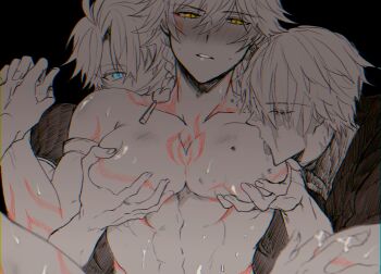 4boys abs antenna_hair arm_tattoo black_background blue_eyes blush chest_tattoo closed_eyes facial_tattoo flame_reaver_of_the_deepest_dark grabbing_from_behind greyscale highres holding_hands honkai:_star_rail honkai_(series) large_pectorals leg_tattoo licking licking_pectoral male_focus meshiau79187 monochrome multiple_boys multiple_persona mydei_(honkai:_star_rail) parted_bangs pectoral_grab pectorals phainon_(honkai:_star_rail) red_tattoo scar scar_on_face short_hair simple_background spot_color tattoo toned toned_male white_hair yaoi