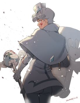 Rule 34 | 1boy, 9umaking, absurdres, blood, blood on face, bloody weapon, capelet, cookie run, cookie run: kingdom, debris, grey hat, hat, highres, humanization, male focus, milk cookie, short hair, simple background, solo, staff, weapon, white background