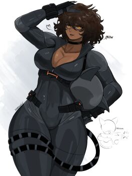 1girl absolute_dc artist_name black_bodysuit bodysuit breasts brown_hair catwoman cleavage commentary dark-skinned_female dark_skin dc_comics english_commentary english_text grin hand_in_own_hair highres kaidekku large_breasts looking_at_viewer mole mole_under_eye seductive_smile selina_kyle short_hair smile yellow_eyes