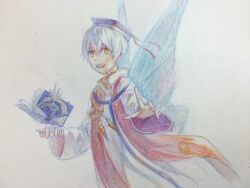 Rule 34 | #compass, 1boy, 21scorpii, blue wings, book, collared robe, colored pencil (medium), cropped legs, eyelashes, fairy wings, hat, hat ribbon, high collar, jewelry, looking at viewer, male focus, mortarboard, necklace, open book, open clothes, open mouth, open vest, outstretched hand, photo (medium), pointing, pointing at viewer, red ribbon, red vest, ribbon, robe, smile, solo, son yuriev, teeth, telekinesis, traditional media, turning page, upper teeth only, vest, white hat, white robe, wings, yellow eyes