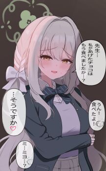 Rule 34 | 1girl, black bow, black jacket, blazer, blue archive, blush, bow, braid, brown hair, collared shirt, commentary, crossed arms, diagonal-striped bow, diagonal-striped clothes, doodle sensei (blue archive), grey hair, hair between eyes, hair bow, hair ribbon, highres, jacket, long hair, looking at viewer, miyo (blue archive), nuuuukoame, ribbon, ribbon braid, school uniform, sensei (blue archive), shirt, simple background, speech bubble, striped bow, striped clothes, translation request, upper body, valentine, very long hair, wavy hair, white bow, white shirt
