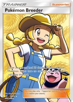 1girl ;d artist_name belt blonde_hair blue_overalls braid brown_hat character_name clenched_hand closed_mouth copyright_name copyright_notice english_text gen_2_pokemon hand_on_headwear hat long_hair miltank nintendo official_art one_eye_closed open_mouth overalls pokemon pokemon_(creature) pokemon_breeder_(pokemon) pokemon_card pokemon_sm pokemon_tcg rope sakuma_sanosuke shirt short_sleeves smile teeth third-party_source trading_card twin_braids upper_teeth_only waving white_shirt yellow_belt yellow_eyes