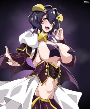 1girl antenna_hair bat_wings blush breasts cape demon_girl elbow_gloves fingerless_gloves gloves highres hiiragi_utena horns large_breasts looking_at_viewer lowleg lowleg_pants magia_baiser magical_girl mahou_shoujo_ni_akogarete navel no_bra open_mouth paid_reward_available pants pasties purple_hair revealing_clothes shiny_skin short_hair shrug_(clothing) sweat waist_cape white_shrug wings wirberlwind yellow_eyes