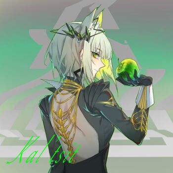Rule 34 | 1girl, alternate costume, animal ear fluff, animal ears, apple, arknights, backless dress, backless outfit, black dress, black gloves, character name, closed mouth, commentary, dress, food, fruit, gloves, green apple, green eyes, green hair, highres, holding, holding food, holding fruit, jellyfishvirus, kal'tsit (arknights), profile, solo, symbol-only commentary