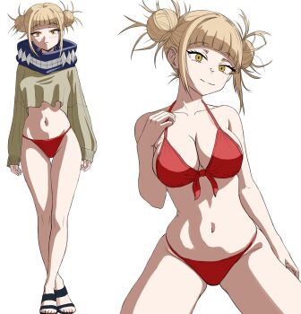 1girl absurdres adapted_costume anime_coloring bikini blonde_hair blunt_bangs boku_no_hero_academia breasts cleavage closed_mouth collarbone commentary cowboy_shot cropped_sweater different_zoom_layer double_bun english_commentary front-tie_bikini_top front-tie_top full_body gluteal_fold grey_sweater groin hair_bun halterneck hand_on_own_chest hand_up highres josival large_breasts long_sleeves messy_hair multiple_views navel paid_reward_available red_bikini sandals short_hair simple_background standing string_bikini sweater swimsuit thigh_gap thighs toga_himiko white_background yellow_eyes