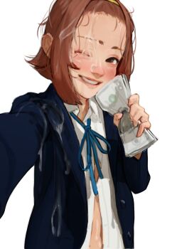 1girl blazer brown_hair cum cum_on_body cum_on_clothes diathorn facial hairband highres implied_prostitution jacket k-on! looking_at_viewer money one_eye_closed open_clothes prostitution selfie simple_background tainaka_ritsu white_background wink