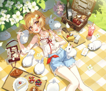 1girl :d apple blonde_hair blue_shorts blush bottle bow breasts cake cake_slice camisole cellphone commentary croissant cup cutting_board day disposable_cup feet_out_of_frame fingernails flower food food_request fruit genshin_impact grass hair_between_eyes hair_ornament hairclip hand_on_own_stomach highres jewelry looking_at_viewer lumine_(genshin_impact) lying medium_breasts midriff navel necklace on_back open_mouth outdoors phone picnic_basket picnic_blanket pine_(angel4195202) pink_bow short_hair_with_long_locks shorts smile solo strap_slip teeth upper_teeth_only white_camisole white_flower white_rabbit_(animal) wine_bottle yellow_eyes