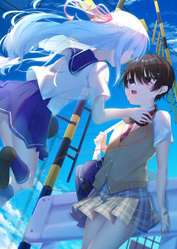 2girls absurdres blue_theme highres multiple_girls original red_string school_uniform string tomboy yuri