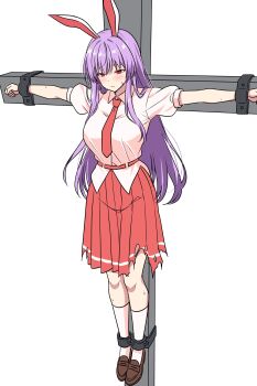 Rule 34 | 1girl, absurdres, animal ears, blush, bound, bound legs, bound wrists, breasts, brown shoes, collared shirt, commentary, commission, cross, crucifix, crucifixion, full body, highres, kneehighs, large breasts, loafers, long hair, necktie, puffy short sleeves, puffy sleeves, purple hair, rabbit ears, rabbit girl, red eyes, red necktie, red skirt, reisen udongein inaba, restrained, rise (rise19851203), shirt, shoes, short sleeves, skeb commission, skirt, socks, solo, stationary restraints, torn clothes, torn skirt, touhou, very long hair, white shirt, white socks