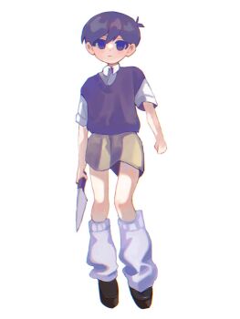 1boy antenna_hair black_sweater_vest brown_shorts collared_shirt full_body highres holding holding_knife knife male_focus omori shirt short_hair short_sleeves shorts simple_background socks solo sunny_(omori) sweater_vest tokkooyaku white_background white_shirt white_socks