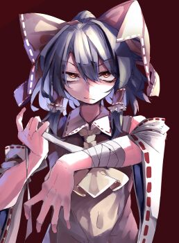 1girl absurdres ascot bandaged_arm bandages black_hair bow closed_mouth collared_shirt contrast_collar detached_sleeves hair_between_eyes hair_tubes hakurei_reimu highres large_bow looking_at_viewer muraryo one-hour_drawing_challenge ponytail red_background red_bow red_eyes red_shirt shirt short_hair solo touhou yellow_ascot