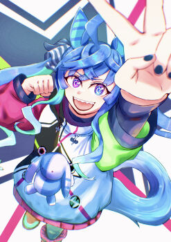 Rule 34 | 1girl, @ @, ahoge, animal ears, blue eyes, blue hair, blush, clenched hand, coat, commentary request, crossed bangs, drawstring, heterochromia, highres, hood, hooded coat, hoodie, horse ears, horse girl, horse tail, long hair, long sleeves, looking at viewer, multicolored coat, multicolored hair, multicolored hoodie, open mouth, purple eyes, sasimi0724, sharp teeth, smile, solo, stuffed animal, stuffed rabbit, stuffed toy, tail, teeth, twin turbo (blast mode! turbo engine) (umamusume), twin turbo (umamusume), twintails, umamusume, v