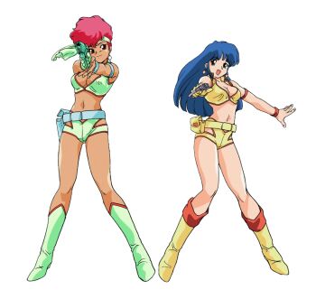 1girl armlet blue_eyes boots bracelet breasts cleavage crop_top dark-skinned_female dark_skin dirty_pair earrings full_body gloves gun handgun headband holding holding_weapon holster jewelry kei_(dirty_pair) long_hair looking_at_viewer micro_shorts midriff navel non-web_source official_art outstretched_arm photoshop_(medium) pointing pointing_at_viewer red_eyes red_hair short_hair shorts simple_background smile standing weapon white_background yuri_(dirty_pair)