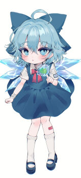 1girl absurdres ahoge bandaged_wrist bandages bandaid bandaid_on_leg blue_bow blue_dress blue_eyes blue_hair blue_shoes blush bow bowtie chestnut_mouth cirno collared_shirt commentary_request detached_wings dress fairy frog full_body highres ice ice_cube ice_wings index_finger_raised looking_at_viewer mary_janes multiple_wings partial_commentary pinafore_dress red_bow red_bowtie renakobonb shirt shoes short_hair short_sleeves simple_background sleeveless sleeveless_dress socks solo touhou twitter_username white_background white_shirt white_socks wings