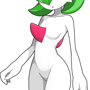 1girl arms_at_sides bob_cut breasts collarbone colored_skin completely_nude cowboy_shot cropped eyes_out_of_frame female_focus gardevoir gen_3_pokemon green_hair groin head_out_of_frame highres masterx nintendo no_navel no_nipples no_pussy nude open_mouth pokemon pokemon_(creature) short_hair simple_background small_breasts solo standing white_background white_skin white_theme
