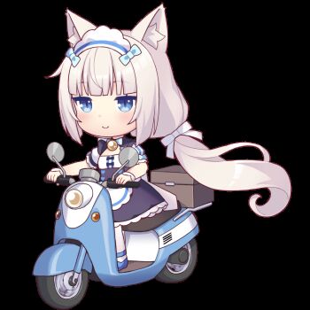 1girl animal_ear_fluff animal_ears animated animated_gif apron black_bow black_dress blue_bow blue_bowtie blue_eyes blue_shoes blush bow bowtie box buttons cat_ears cat_girl dress driving hair_bow heart_button long_hair looking_ahead low_twintails maid maid_apron maid_headdress moped motor_vehicle nekopara nekopara_sekai_connect pale_skin riding sayori_(neko_works) shoes smile thighhighs transparent_background twintails vanilla_(nekopara) white_apron white_bow white_hair white_thighhighs wrist_cuffs