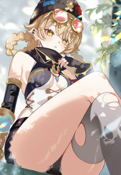 1girl absurdres bare_shoulders black_gloves black_hat blonde_hair braid braided_hair_rings breasts commentary_request crossed_legs detached_sleeves eyewear_on_head fingerless_gloves genshin_impact gloves goggles goggles_on_head grey_thighhighs hair_rings hand_up hat highres jahoda_(genshin_impact) long_sleeves looking_at_viewer mechanical_arms motsunuki outdoors parted_lips single_thighhigh solo star-shaped_pupils star_(symbol) symbol-shaped_pupils thighhighs thighs torn_clothes torn_thighhighs yellow_eyes