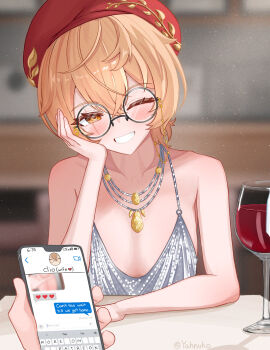 1girl absurdres alcohol beanie brown_eyes brown_hair clio_aite collarbone cup dress drinking_glass glasses grey_dress hand_on_own_cheek hand_on_own_face hat highres holding holding_phone jewelry necklace one_eye_closed phase_connect phone red_hat red_wine scar scar_across_eye scar_on_face shadow short_hair smile twitter_username upper_body virtual_youtuber wine wine_glass yahnuko