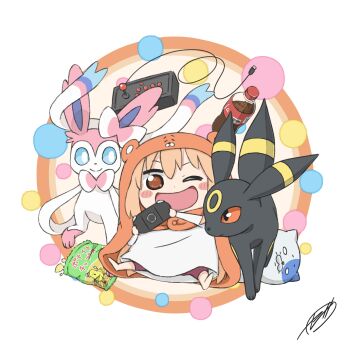 blue_eyes blush_stickers bottle brown_hair chips_(food) coca-cola commentary_request crossover doma_umaru food full_body gen_2_pokemon gen_6_pokemon hamster_costume handheld_game_console highres himouto!_umaru-chan holding holding_handheld_game_console hood hood_up nintendo one_eye_closed open_mouth playstation_vita pokemon pokemon_(creature) potato_chips signature sitting soda_bottle sylveon umbreon zeni_maru