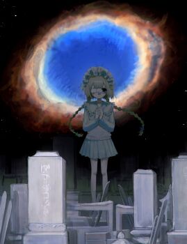 1girl absurdres blood bloody_tears braid eyepatch floating_hair frilled_hairband frilled_shirt_collar frills graveyard hairband hayu_(hayu0305) highres long_hair long_sleeves medical_eyepatch miniskirt one_eye_covered original own_hands_together pleated_skirt skirt standing supernova_(star) twin_braids