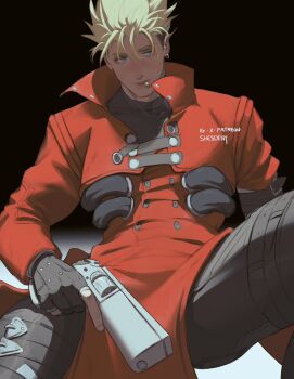 Rule 34 | 1boy, arm belt, belt, belt buckle, black background, black gloves, blonde hair, blue eyes, brown hair, buckle, cigarette, coat, commentary, earrings, english commentary, eyelashes, feet out of frame, gloves, grey pants, gun, highres, holding, holding gun, holding weapon, jewelry, long sleeves, looking to the side, male focus, mole, mole under eye, multicolored hair, multiple belts, pants, partially fingerless gloves, piercing, popped collar, red coat, shesdeny, short hair, sideways glance, smoking, solo, thigh belt, thigh strap, trigun, trigun stampede, two-tone hair, vash the stampede, weapon