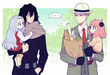 ... 2boys 2girls acupofbread aizawa_shota anya_(spy_x_family) bag baguette beard_stubble black_gloves black_hair black_pants black_shirt blonde_hair blue_hair boku_no_hero_academia bread carrying child_carry closed_mouth collared_shirt commentary english_commentary eri_(boku_no_hero_academia) facial_hair food gloves green_eyes grocery_bag hand_in_pocket hat highres holding holding_bag jacket lettuce long_hair looking_at_another multiple_boys multiple_girls necktie open_clothes open_jacket pants paper_bag pink_hair red_eyes red_necktie scar scar_on_face scar_on_mouth scarf shirt shopping_bag short_hair spoken_ellipsis spy_x_family standing stubble twilight_(spy_x_family) unbuttoned vest waistcoat white_hat white_shirt