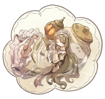 1girl bandaid bandaid_on_head brown_eyes brown_hair chipie_0114 commentary crossed_bandaids dress frilled_dress frilled_hairband frills hairband highres lolita_fashion long_dress long_hair long_sleeves looking_at_viewer lying on_back one_eye_closed original solo very_long_hair