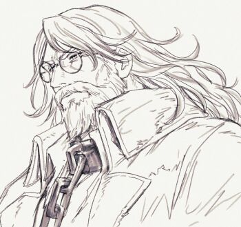 1boy beard chain coat commentary_request facial_hair glasses greyscale long_hair looking_ahead male_focus mature_male monochrome mustache octopath_traveler octopath_traveler_ii osvald_v._vanstein round_eyewear satou_kivi simple_background solo upper_body white_background
