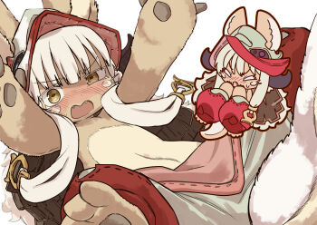 1other absurdres animal_ears blush body_fur brown_fur commentary_request ears_through_headwear embarrassed fake_horns fangs furry half-closed_eye helmet highres horizontal_pupils horned_helmet horns long_hair looking_at_viewer made_in_abyss multicolored_pants multiple_views nanachi_(made_in_abyss) narehate open_mouth other_focus pants puffy_pants rabbit_ears simple_background topless_other whiskers white_background white_hair yellow_eyes yuateheng