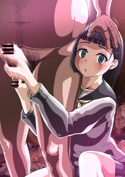 1boy 1girl :o bad_tag bar_censor black_hair blunt_bangs blush breasts censored clothed_female_nude_male collarbone empty_eyes fat fat_man green_eyes hand_on_another's_head handjob hetero kirigaya_suguha long_sleeves male_pubic_hair mind_control nude penis pleated_skirt pubic_hair sailor_collar school_uniform serafuku short_hair skirt suamado0013 testicles