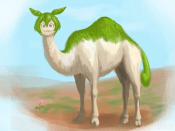 Rule 34 | 1girl, :3, animalization, brown eyes, camel, commentary request, desert, flower, green hair, gunlin, highres, human head, pink flower, solo, voicevox, zundamon