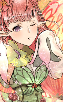 1girl aika fairy_wings fire_emblem fire_emblem_heroes flower long_sleeves mirabilis_(fire_emblem) nintendo one_eye_closed pink_hair pointy_ears purple_eyes wings