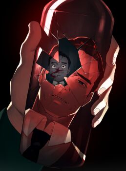 1boy aged_down bags_under_eyes blood blood_on_face bottle child clay_puppington collared_shirt fingernails hair_slicked_back hamkershanker highres holding holding_bottle lips moral_orel necktie nose pov pov_hands reflection reflection_focus shirt short_hair symbolism very_short_hair white_shirt